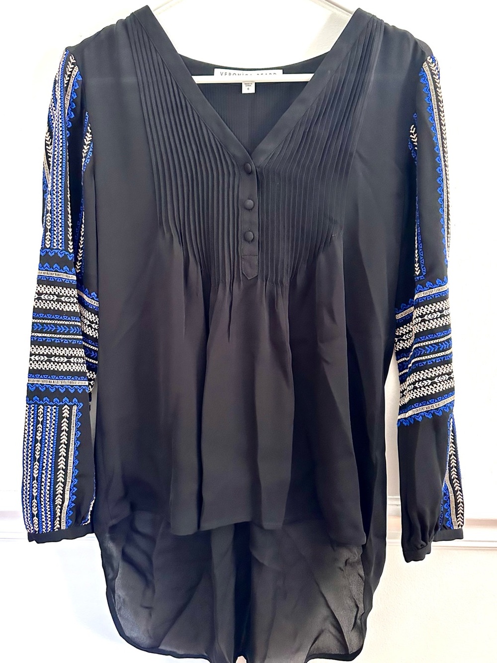 Veronica Beard Luxury Black 100% Silk Embroidered Peasant Blouse Boho Top Size 6